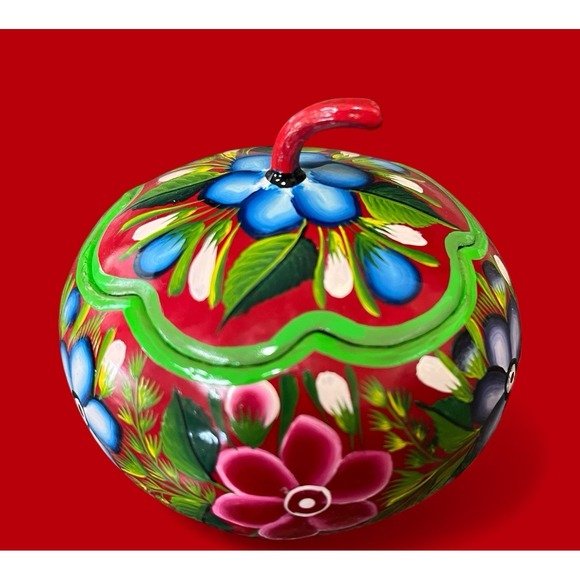 Gourd Hand Painted Folk Art Floral Flowers Bright Colors Trinket Box Mexican - Picture 6 of 11